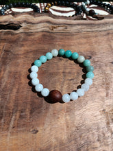 Load image into Gallery viewer, "Soothing Moon with Koa" - Amazonite and Moonstone Stone Bracelet with a Handmade Hawaiian Koa Bead.