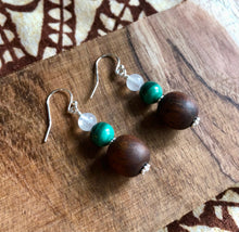 Load image into Gallery viewer, "Handmade Hawaiian Wood and Natural Stone Earrings" - Koa, Malachite, and Rainbow Moonstone.