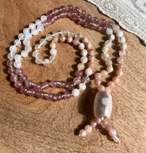 Load image into Gallery viewer, "Blooming Love" - Sunstone, Flower Agate, Strawberry Quartz, and Rainbow Moonstone Handmade 108 Stone Japa Mala