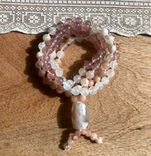 Load image into Gallery viewer, "Blooming Love" - Sunstone, Flower Agate, Strawberry Quartz, and Rainbow Moonstone Handmade 108 Stone Japa Mala