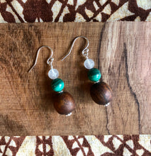 Load image into Gallery viewer, "Handmade Hawaiian Wood and Natural Stone Earrings" - Koa, Malachite, and Rainbow Moonstone.