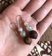 Load image into Gallery viewer, "Handmade Hawaiian Wood and Natural Stone Earrings" - Koa, Prehnite, and Flower Agate.