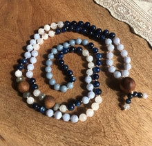 Load image into Gallery viewer, "Angelic Kyanite" - Blue Lace Agate, Kyanite, Rainbow Moonstone, and Angelite Handmade 108 Stone Japa Mala