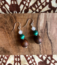 Load image into Gallery viewer, "Handmade Hawaiian Wood and Natural Stone Earrings" - Koa, Malachite, and Rainbow Moonstone.