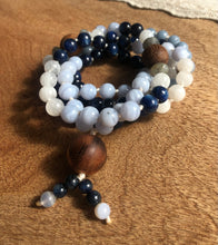 Load image into Gallery viewer, "Angelic Kyanite" - Blue Lace Agate, Kyanite, Rainbow Moonstone, and Angelite Handmade 108 Stone Japa Mala