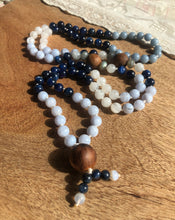 Load image into Gallery viewer, "Angelic Kyanite" - Blue Lace Agate, Kyanite, Rainbow Moonstone, and Angelite Handmade 108 Stone Japa Mala