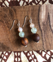 Load image into Gallery viewer, "Handmade Hawaiian Wood and Natural Stone Earrings" - Koa, Prehnite, and Flower Agate.