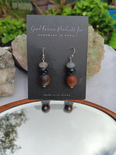 Load image into Gallery viewer, "Handmade Hawaiian Wood and Natural Stone Earrings" - Koa, Labradorite, and Blue Tiger Eye.