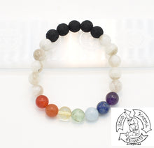 Load image into Gallery viewer, Moonstone, Chakras, and Lava Stone Diffuser Bracelet