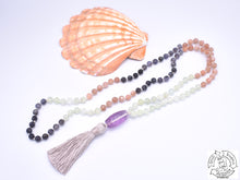 Load image into Gallery viewer, Handmade Japa Mala made with Iolite, Prehnite, and Sunstone.