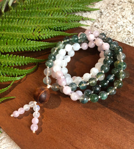 "Abounding Love" - Moss Agate, Kunzite, Moonstone, with a Hawaiian Koa Guru Bead Handmade 108 Stone Japa Mala