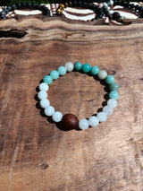 "Soothing Moon with Koa" - Amazonite and Moonstone Stone Bracelet with a Handmade Hawaiian Koa Bead.