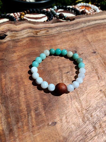 "Soothing Moon with Koa" - Amazonite and Moonstone Stone Bracelet with a Handmade Hawaiian Koa Bead.