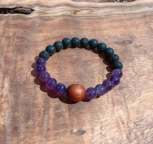 "Healing Diffuser" - Amethyst and Lava Stone Bracelet with Handmade Hawaiian Wood Bead