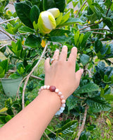 "Easing Moon with Hawaiian Koa" - Moonstone and Peach Moonstone Stone Bracelet with a Handmade Hawaiian Koa Bead