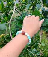 "Soothing Moon with Koa" - Amazonite and Moonstone Stone Bracelet with a Handmade Hawaiian Koa Bead.