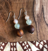 "Handmade Hawaiian Wood and  Natural Stone Earrings" - Koa, Prehnite, and Flower Agate.