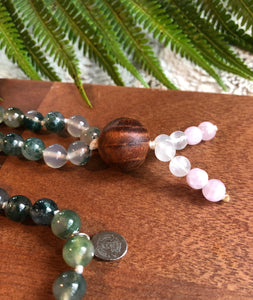 "Abounding Love" - Moss Agate, Kunzite, Moonstone, with a Hawaiian Koa Guru Bead Handmade 108 Stone Japa Mala