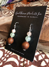 "Handmade Hawaiian Wood and  Natural Stone Earrings" - Koa, Prehnite, and Flower Agate.