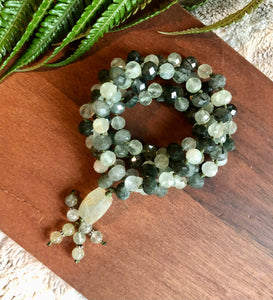 “Dreaming Lights Japa Mala” AAA Faceted and Rondelle Prehnite Handmade 108 Stone Japa Mala
