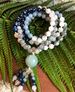 "Ascending Moon-  Labradorite, Angelite, Moonstone, Kyanite, and Kunzite Handmade 108 Stone Japa Mala