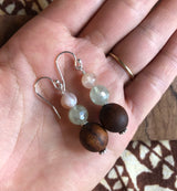 "Handmade Hawaiian Wood and  Natural Stone Earrings" - Koa, Prehnite, and Flower Agate.
