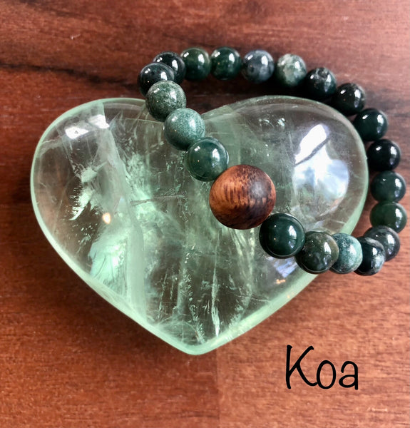 "Abounding with Hawaiian Wood Bead" - Moss Agate Stone Bracelet with Hawaiian Wood Bead