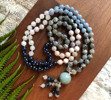 Load image into Gallery viewer, &quot;Ascending Moon-  Labradorite, Angelite, Moonstone, Kyanite, and Kunzite Handmade 108 Stone Japa Mala
