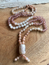 Load image into Gallery viewer, &quot;Blooming Love&quot; - Sunstone, Flower Agate, Strawberry Quartz, and Rainbow Moonstone Handmade 108 Stone Japa Mala
