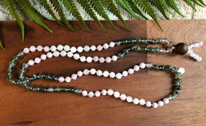 "Abounding Love" - Moss Agate, Kunzite, Moonstone, with a Hawaiian Koa Guru Bead Handmade 108 Stone Japa Mala