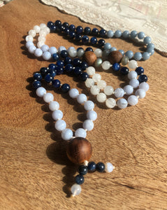 "Angelic Kyanite" - Blue Lace Agate, Kyanite, Rainbow Moonstone, and Angelite Handmade 108 Stone Japa Mala