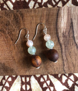 "Handmade Hawaiian Wood and  Natural Stone Earrings" - Koa, Prehnite, and Flower Agate.