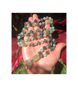 “Dreaming Lights Japa Mala” AAA Faceted and Rondelle Prehnite Handmade 108 Stone Japa Mala