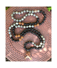Load image into Gallery viewer, &quot;Roaring Shield&quot; - Rudraksha, Graphite, Black Tourmaline, and Labradorite Handmade 108 Bead Mala
