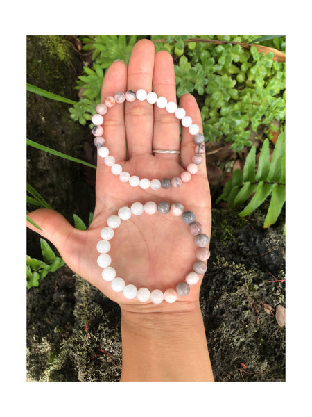 "Nourishing Stability"  Pink Zebra Jasper and Rainbow Moonstone Handmade Stone Bracelet