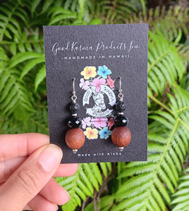 "Handmade Hawaiian Wood and Natural Stone Earrings" - Koa, Blue Tiger's Eye, and Lava Stone.