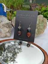 "Handmade Hawaiian Wood and Natural Stone Earrings" - Koa, Labradorite, and Blue Tiger Eye.