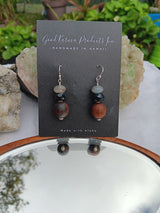 "Handmade Hawaiian Wood and Natural Stone Earrings" - Koa, Labradorite, and Blue Tiger Eye.
