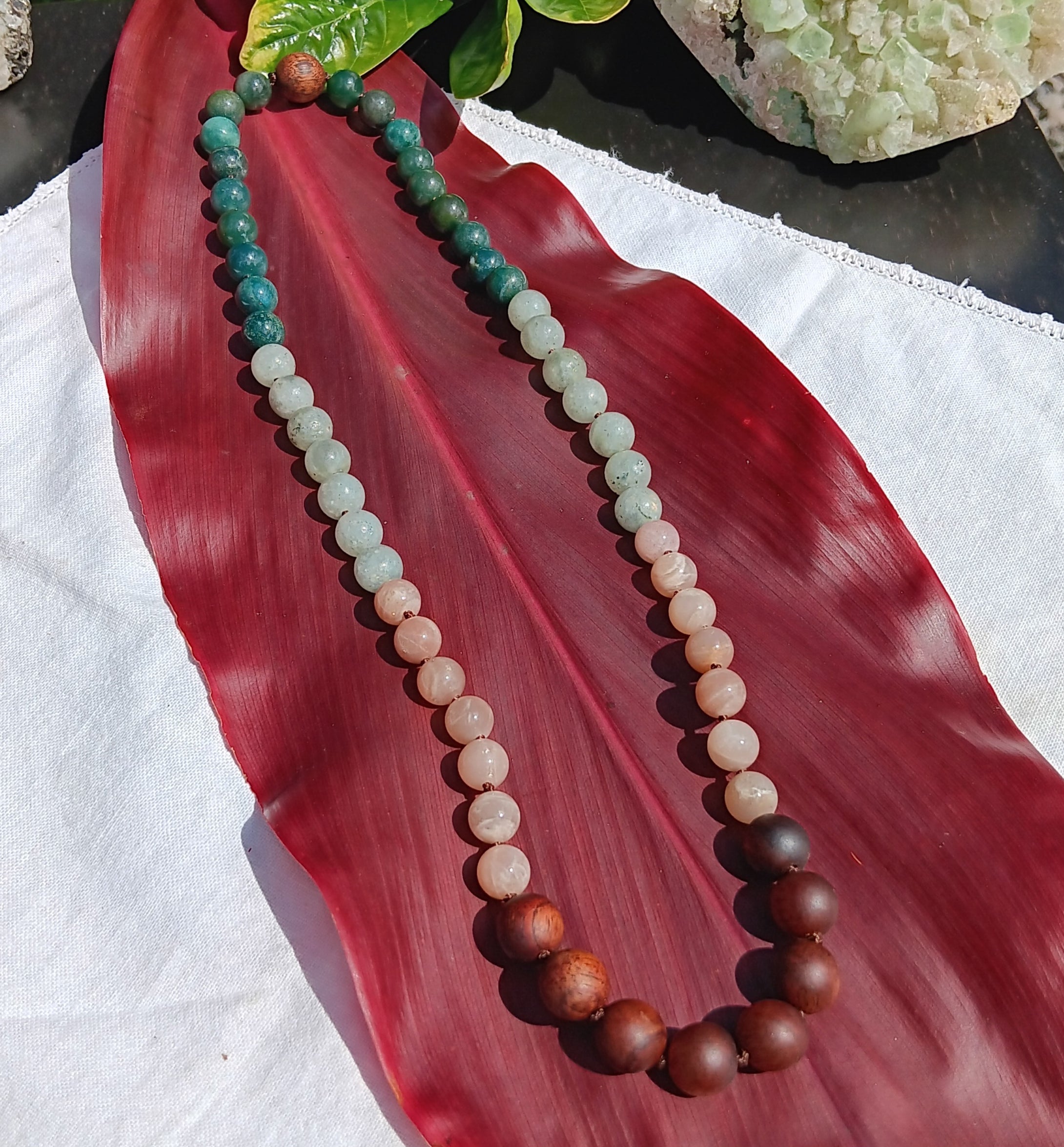 “Hawaiian Island Necklace” Koa, Peach Moonstone, Labradorite, and Moss Agate.