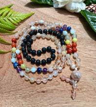 Load image into Gallery viewer, &quot;Blooming Agate Chakra&quot; - Flower Agate, Lava Stone and Chakra Mala Handmade with 108 Stone Beads
