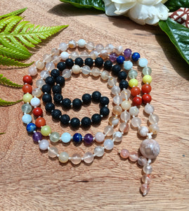 "Blooming Agate Chakra" - Flower Agate, Lava Stone and Chakra Mala Handmade with 108 Stone Beads