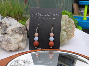 "Handmade Hawaiian Wood and Stone Earrings" - Milo, Blue Lace Agate, and Sunstone.