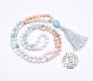 "Soothing Ease" - Peach Moonstone, Amazonite, White Lace Agate Handmade 108 Stone Japa Mala