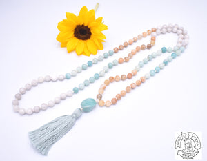 "Soothing Ease" - Peach Moonstone, Amazonite, White Lace Agate Handmade 108 Stone Japa Mala