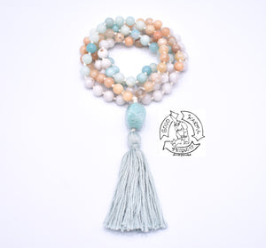 "Soothing Ease" - Peach Moonstone, Amazonite, White Lace Agate Handmade 108 Stone Japa Mala