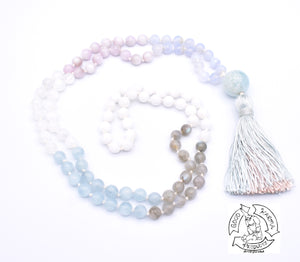"Uplifting Inspiration" - Blue Lace Agate, Kunzite, Moonstone, Labradorite, and Aquamarine Handmade 108 Stone Japa Mala