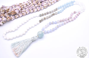 "Uplifting Inspiration" - Blue Lace Agate, Kunzite, Moonstone, Labradorite, and Aquamarine Handmade 108 Stone Japa Mala