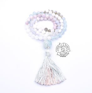 "Uplifting Inspiration" - Blue Lace Agate, Kunzite, Moonstone, Labradorite, and Aquamarine Handmade 108 Stone Japa Mala