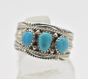 Dine Begaye Signed Turquoise and Sterling Silver Native American Ring - Size 14.5
