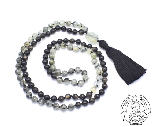 Handmade Japa Mala made with Golden Obsidian and Prehnite.